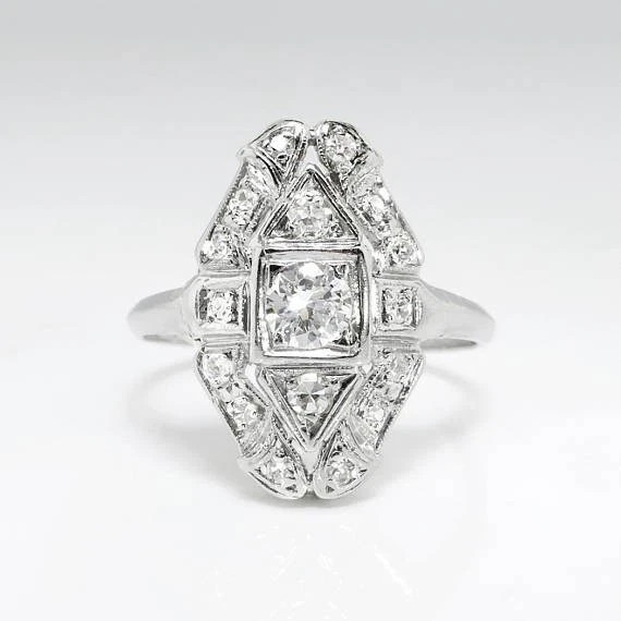 Art Deco Style Old European LabCreated Diamond Engagement 14K White Gold FN Ring