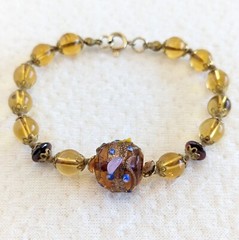 Vintage Brown Yellow Italian Wedding Cake Lampwork Knotted Glass Beaded Bracelet