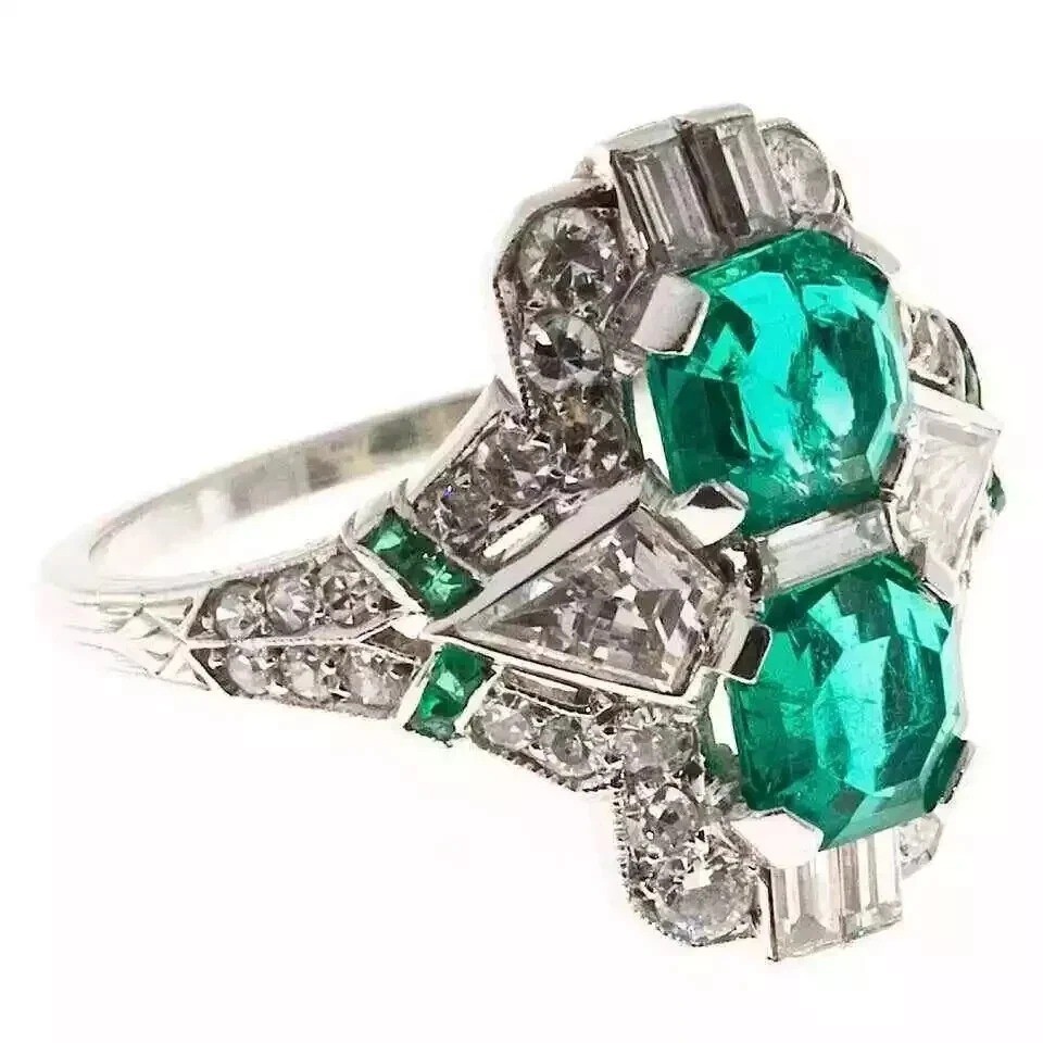 3.42Ct Art Deco Vintage Style Lab Created Emerald 14K White Gold FN Wedding Ring