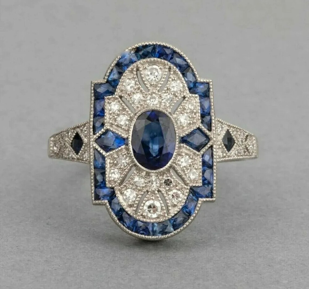 Art Deco Style Sapphire Lab Created Diamond Wedding 14K White Gold FN Ring