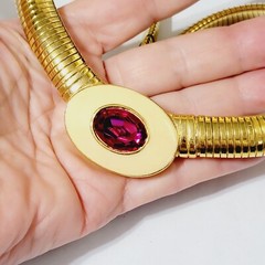 Vintage Yves Saint Laurent YSL Pink Crystal Tubogas Cream Enamel Collar Necklace