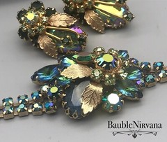 VTG Juliana AB Iridescent Peacock Blue&Green Gold Leaves Bracelet&Earrings Set