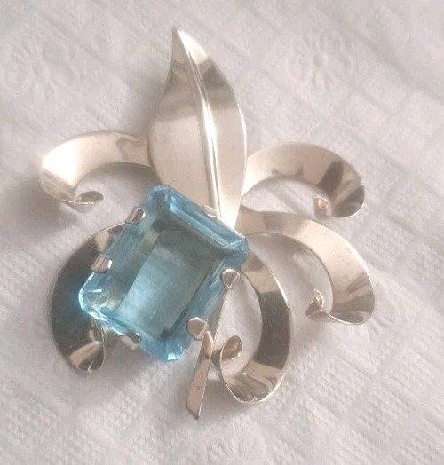 Vintage Mid-Century Sterling Silver Large Aqua Blue Glass Stone Brooch-pin
