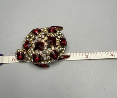 Brooch Turtle Figural Red Rivoli & Clear AB Rhinestone Large 2.25″ Vintage 1960s