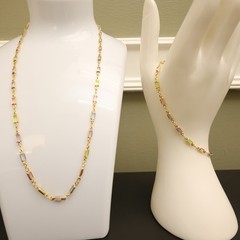 Rainbow crystals jewelry set 18-in necklace 7-in bracelet bezel-set stamped BZL