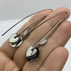 VTG BLUE FOIL GLASS SILVER HEART LONG DROP EARRINGS HOOK EAR WIRE 2”