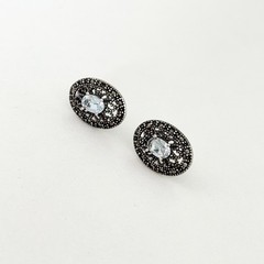 Vintage 925 Sterling Silver Blue Topaz & Marcasite Oval Pierced Stud Earrings