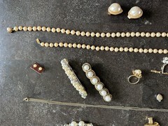 Vintage 16 Pc Faux Pearl Jewelry Lot MIA Brooch Necklaces Earrings Barrettes