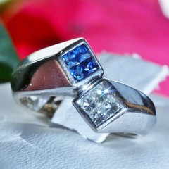 14k white gold sz 2.5 ring 0.32ct natural diamond treated sapphire vintage 4.55g