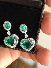 Heart Oval Simulated Emerald Simulated Diamond Halo Dangle Earrings 925 Silver
