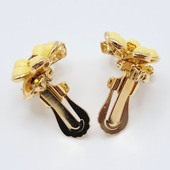 Pale Yellow Thermoset Flower w Orange Rhinestone Gold Tone Clip On Vtg Earrings