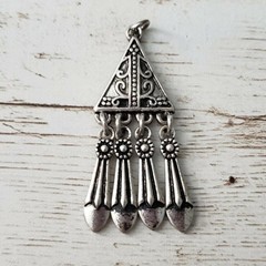 Vintage Pendant Ornate Silver Tone Triangle with Dangles