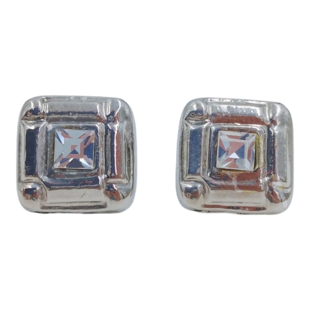 Square Clear Rhinestone Stud Earrings Pierced Vintage Classic Dainty