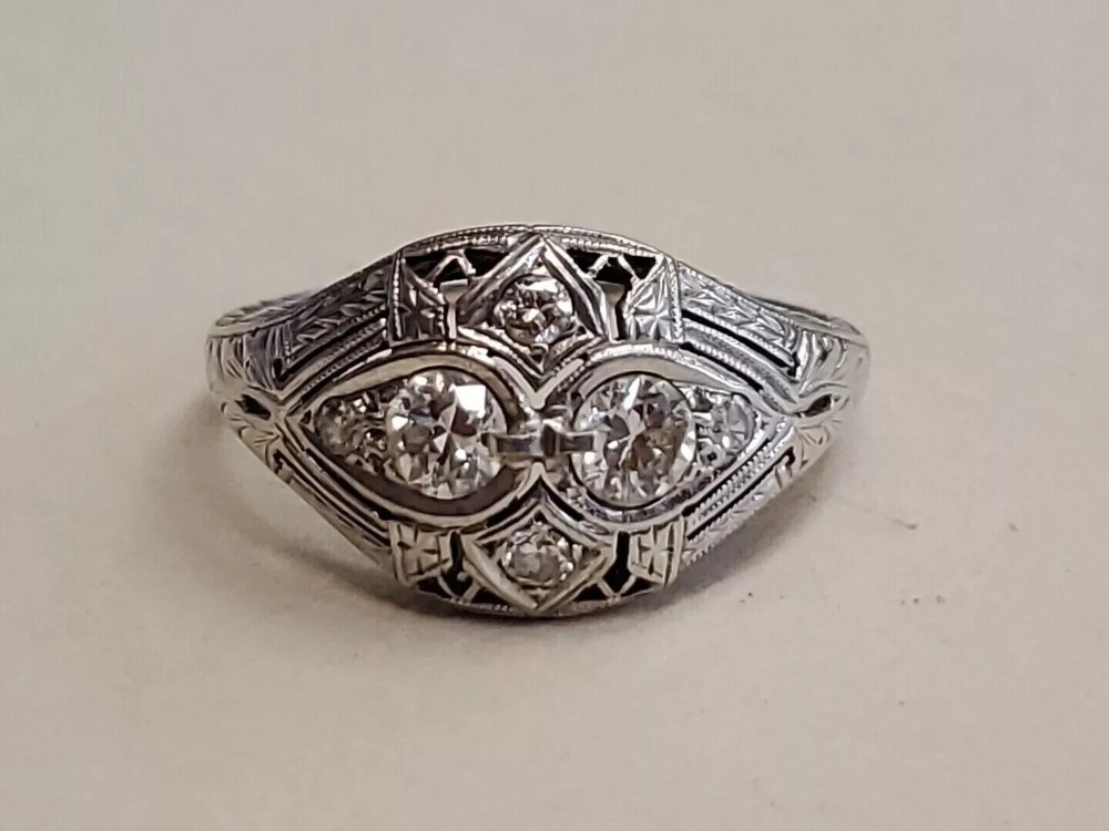 Art Deco Filigree 2.1Ct Round Lab Created Dimond Wedding Ring 14K White Gold FN
