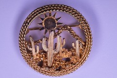 BOUCHER Desert Scene Brooch Pin Gold Tone 45mm Vintage Cacti Sun