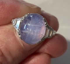 Late Edwardian Early Art Deco Purple Star Sapphire Ring 5.5 Platinum 26 Diamond