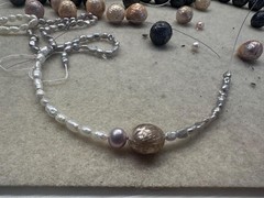 Pastel Pearl Choker Floating Carved Pearl Sterling Silver Handmade Necklace