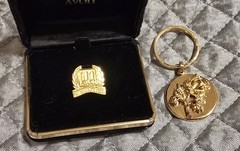Avon 100 Year Anniversary 1986 Lot: Gold Jewelry Box, Rose Keychain, Brooch, Pin