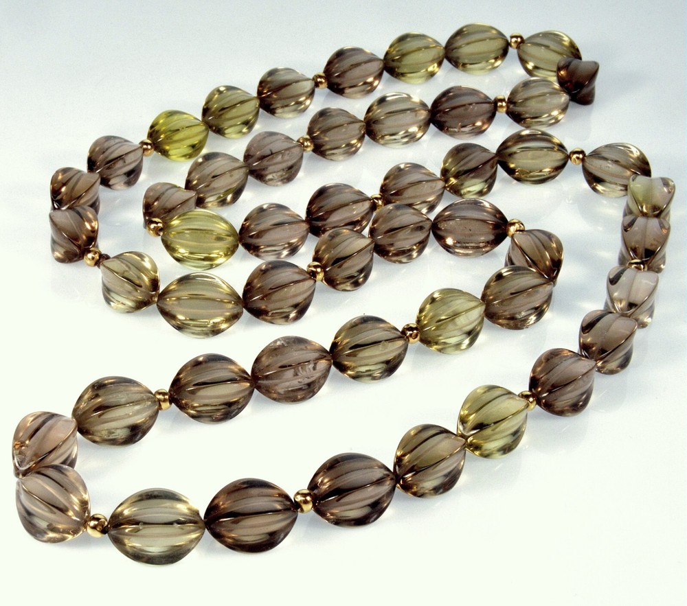 ART DECO 14K SMOKY QUARTZ FANCY SHAPE BEAD NECKLACE 34″ C.1920