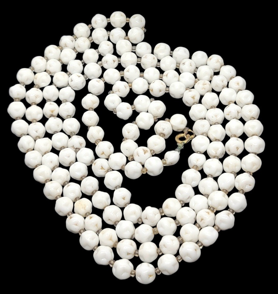Vintage Czech Signed White Glass Necklace Neiger? Faceted 56in Long