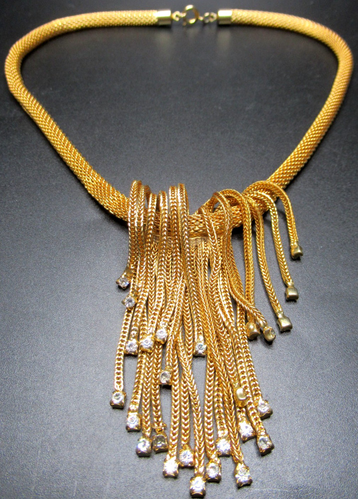HATTIE CARNEGIE Rhinestone Waterfall Golden Mesh Rope Fringe Vintage Necklace