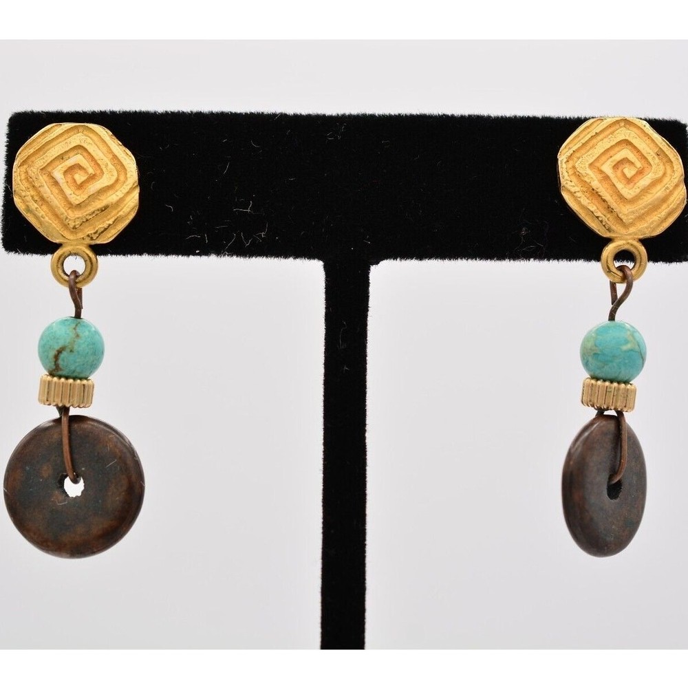 Vintage Dangle Earrings Turquoise Blue Beaded Brushed Gold Matte 1980s BinAZ