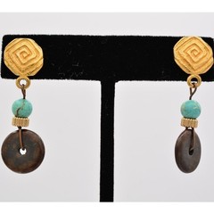 Vintage Dangle Earrings Turquoise Blue Beaded Brushed Gold Matte 1980s BinAZ