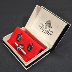 VINTAGE SIAM STERLING SILVER NIELLO TIE BAR & CUFFLINKS SET GODDESS DANCERS 925