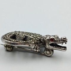 Vintage Sterling Silver 925 Marcasite Lab Ruby Alligator/Crocodile Brooch Pin