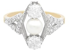 Antique 1.15 Ct Diamond Pearl 18k Yellow Gold Cocktail Ring