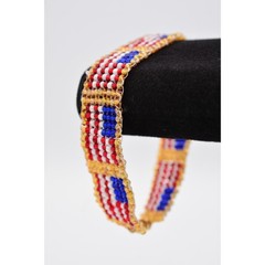 Vintage American Flag Beaded Bracelet Red White Blue USA Gold Woven 1990s Bin4
