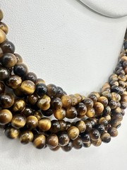 VTG 29In 4 Strand Tigers Eye Bead Necklace Caviar Gold Tone Fish Hook Clasp Read