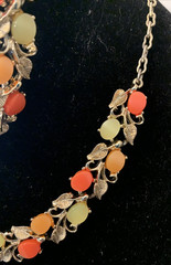 Vtg Thermoset Necklace Bracelet Earring Set Sherbet Melon Lucite Stone Gold Leaf