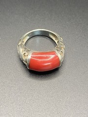 Sterling Silver Filigree Ring Red Coral Oval Cabochon Bezel Set Band 4mm .