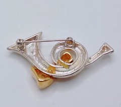 Vintage French Horn Bugle Brooch Instrument Music Silver Tone Gold Tone Bow