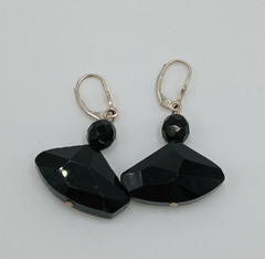 VTG 925 Earrings 1in Wide Black Faceted Glass Sterling Silver Ear Wire Art Deco