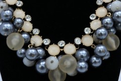 Faux Pearl Rhinestone Statement Necklace Gray Cream Gold Tone Cluster Bib