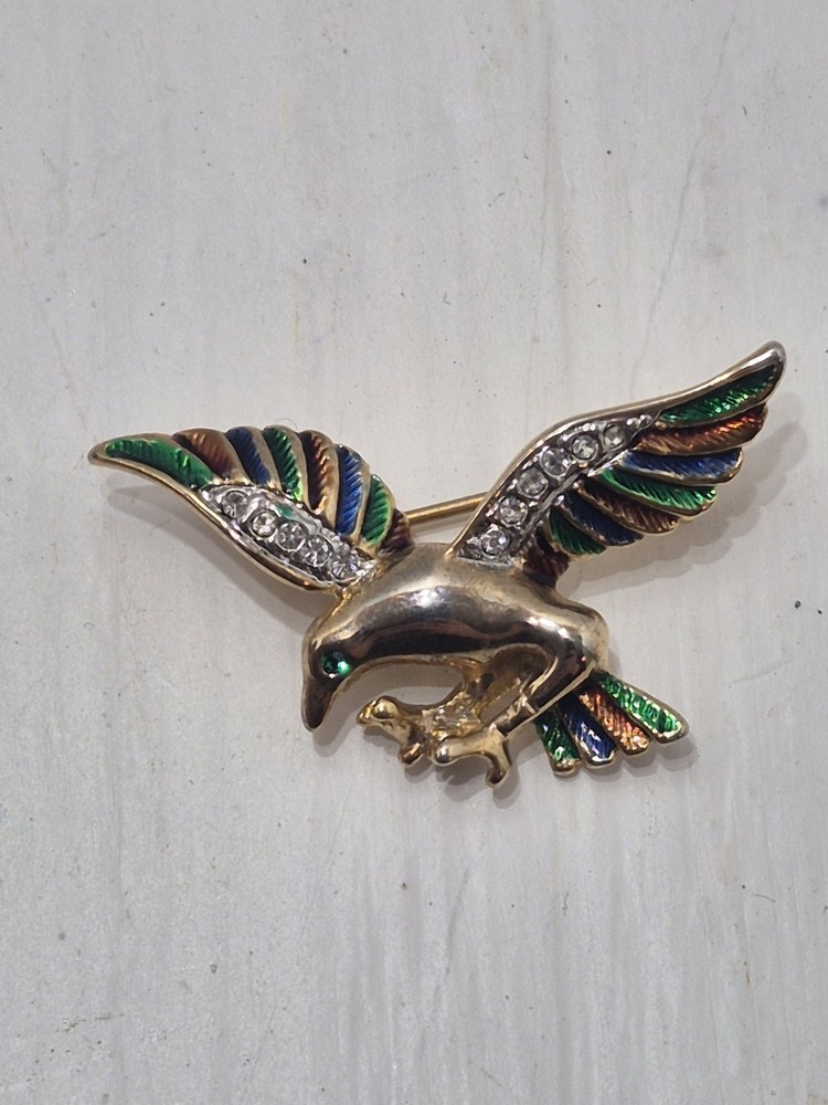 Vintage Unsigned Bird Brooch Pin Rhinestone & Enamel Colorful Gold Tone