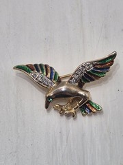 Vintage Unsigned Bird Brooch Pin Rhinestone & Enamel Colorful Gold Tone
