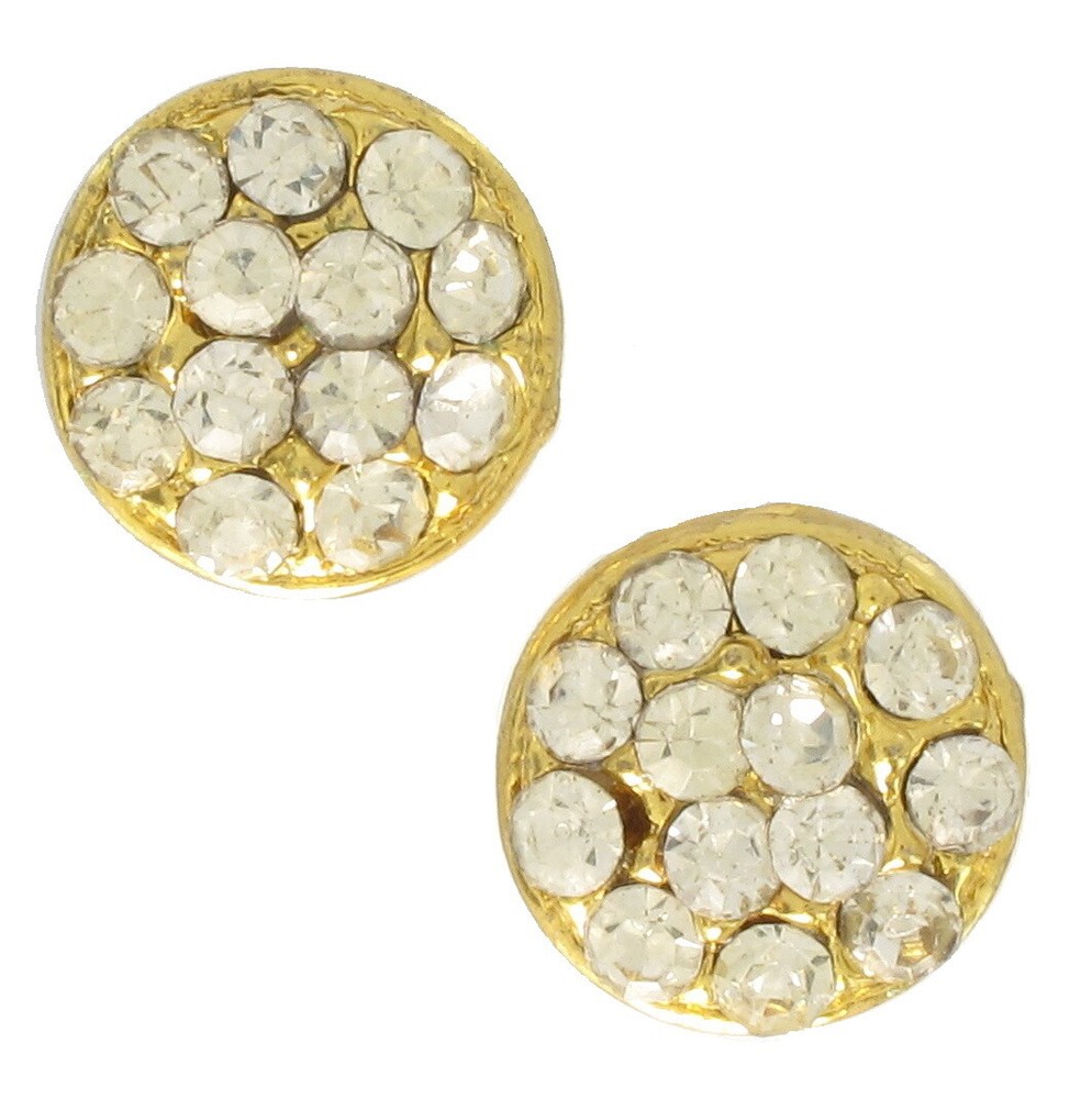 Tacoa Rhinestone Small Gold Tone Round Button Earrings Pierced 14K Posts 3/8″