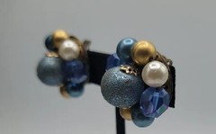 Vintage Cluster Beaded Clip On Earrings Blue Gold White Matte Shiny Beads