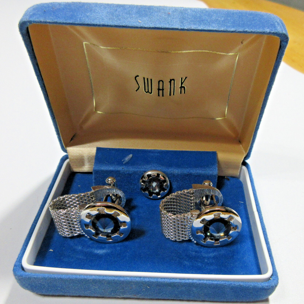 VTG SWANK mesh WRAP Men SET Cuflink Lapel Tie tac pin Blu Rhinestone Silver Tone
