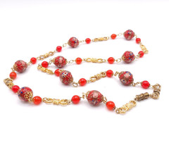 Rare Venetian Wedding Cake Bead Necklace Red Murano Glass Vintage 33in