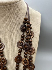 Bohemian Boho Wooden Flat Circle Link with Bead 3 Strand Necklace