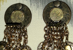 Vintage Signed BLANCA Runway Clip Long Drop Gold Tone Round Faux Coins Etruscan