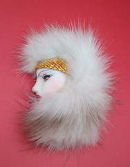 Vintage Signed Han Shin Real Fur Pin Brooch Retro Art Deco Lady Profile Large