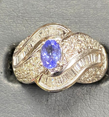 14k WHITE GOLD TANZANITE & BAGUETTE/PAVE DIAMOND WOMENS RING 7 1/2 4.9GRAMS