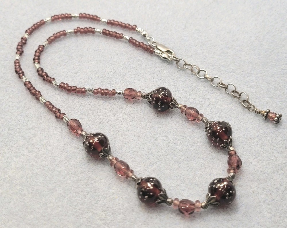 Vintage Purple Art Glass Beads Necklace 925 Clasp 17in.