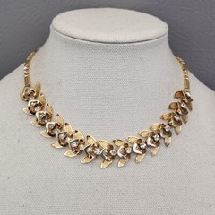 Vintage Linked Necklace Fold Over Gold Tone Textured Clear Rhinestones 16″