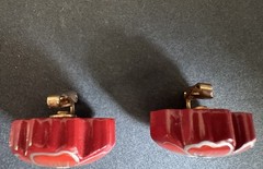Vintage Red Hand Painted Flower Clip On Earrings Carved Lucite Floral Camellia